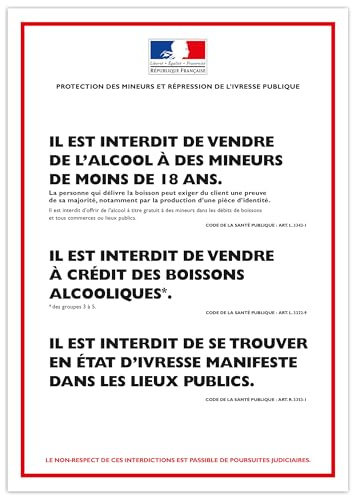 Autocollant vinyl - ALCOOL - PROTECTION DES MINEURS ET RÉPRESSION DE L'IVRESSE - Vente à emporter - L.148 x H.210 mm