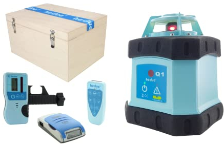 hedue® Niveau Laser Rotatif Q1 - laser rotatif chantier exterieur avec rayon laser rouge, zone de travail 500m, avec récepteur laser E2 et télécommande, dans une valise en bois
