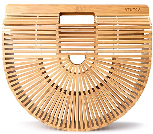 Vintga Bamboo Bags for Women Summer Straw Bags Wooden Beach Purses Basket Handle Handbags