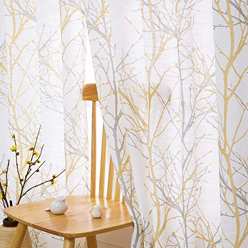 Fmfunctex Yellow Semi Sheer Curtains for Living Room 90 Drop Grey Voile Curtains for Bedroom Tree Branch Eyelet Curtains Linen Textured Light Filtering Window Curtain Drapes for Dining Room 2 Panels