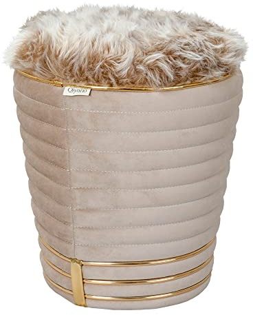Qiyano Pouf Sitzhocker Samt, runder Fusshocker in Taupe mit flauschigem Fellimitat, Interior Dekoration Kunstlederverzierung in Gold - Höhe ca. 50 cm, Farbe: Taupe