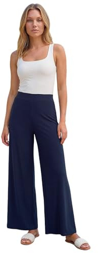 Roman Women Wide Leg Trousers - Ladies Palazzo Pants Full Length Jersey Smart Casual Work Office Flared Vintage High Rise Culottes Trouser with Elasticated Waist - Navy - Size 22