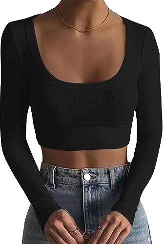TrendiMax Långärmad damtröja djup hals långärmad toppar crop toppar stretch tröja casual t-shirt, svart, S