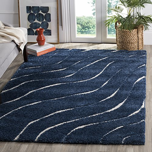Safavieh Tappeto Zottelig per soggiorno, sala da pranzo, camera da letto, Florida Shag Collection, pelo alto, blu scuro e crema, 122 x 122 cm