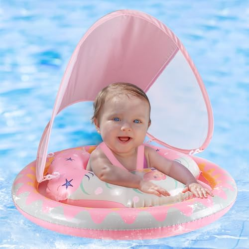 Thedttoy Schwimmring Baby Aufblasbare Schwimmsitz Schwimmhilfe mit Dual Airbag und Abnehmbarem Sonnendach, Kinder Swimtrainer Schwimmreifen Float Schwimmtrainer für Kleinkind Mädchen ab 6-36 Monate