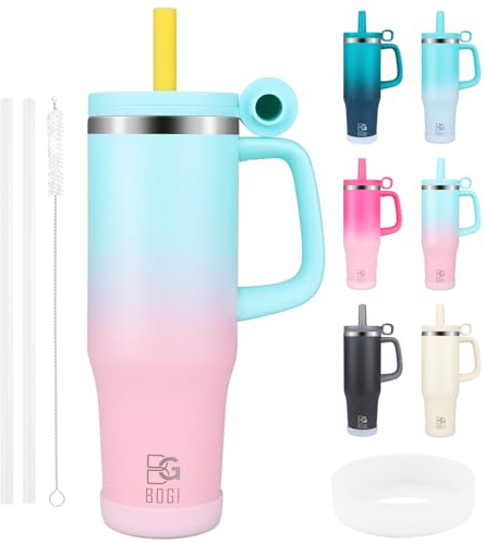 BOGI 40oz Tumbler with Straw and Lid,Leakproof Coffee Cup Travel Mug,Double Walled Insulated Tumbler Cup with Handle and Dust-Proof Cap,Reusable Stainless Steel Tumbler for Cold and Hot | Sky Pink