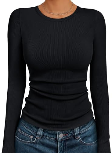 AUTOMET Women's Ribbed Long Sleeve Basic Top - Soft Stretch Crewneck Shirt for Work & Casual Black XL