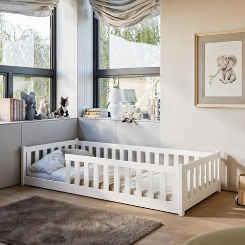 Kids Collective Cama Infantil, Cama de Suelo 90x190 cm, con protección anticaídas y somier, Cama Montessori, Cuna, Infantil Juvenil, Individual | Blanco
