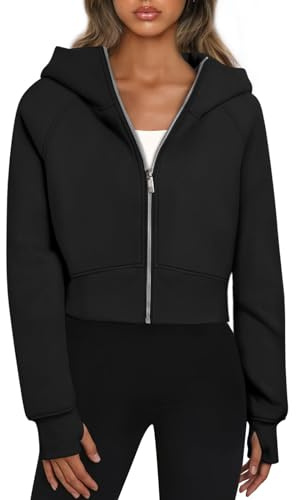 YUTILA Damsweatjacka, huvtröja, långärmad, kort huvtröja, sweatshirt, crop huvjacka, cropped jacka med dragkedja, svart, L