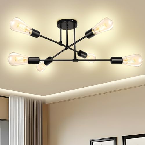 SERBASIC Deckenleuchte Schwarz Deckenlampe 6 Flammig aus Metall, E27 Sputnik Deckenlampe Vintage Industrial Lampe Decke Hängelampe Wohnzimmer Flurlampen für Schlafzimmer Esszimmer Küche