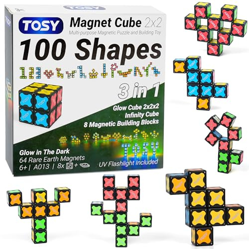 TOSY Magnet Cube 2x2-8 Blocs, Jouet 2-en-1: Cube Puzzle 2x2x2 et Cube Infini Personnalisable, Phosphorescent, Lampe UV Incluse, Fidget/sensoriel, Jouet STEM/Steam, idée Cadeau Enfants/Ados/Adultes