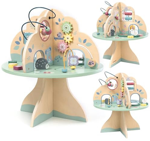 mamabrum Aktivitätstisch Holz für Baby Spielzeug 1 jahr – Spieltisch für Motorikschleife , Abakus & Lernuhr – Montessori Lernspielzeug aus der Schleife Motorik