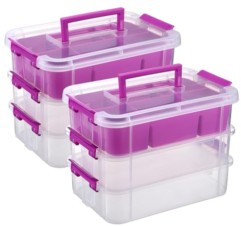 JUXYES 2Pack 3-Tiers Stack Carry Storage Box With Divided Tray, Transparent Stackable Storage Bin With Handle Lid Latching Storage Container for School & Office Supplies, Purple