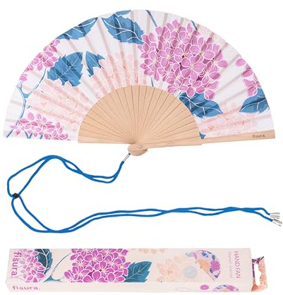 Fisura – Ventaglio in legno decorato con stampa ortensie. Accessorio elegante e raffinato, ventaglio a mano rosa con gancio pratico. Dimensioni: 42,5 x 23 cm