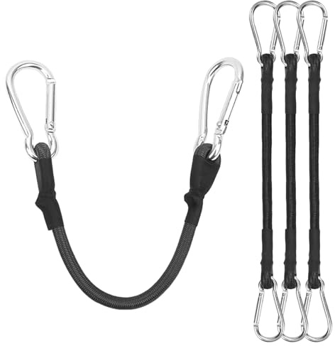 LangRay Corde Elastiche con Gancio, Cinghie di Fissaggio con Moschettone, Tenditori di Fissaggio Corda Elastica per Teloni Trasporto Bagagli Moto Bici, Nero (4pcs 30cm)