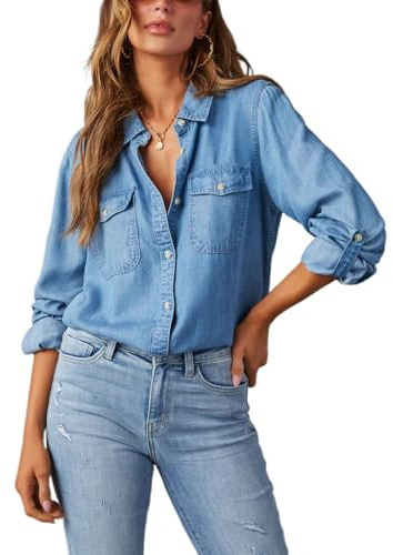 LYSINK Denimskjortor för kvinnor nedtryckt krage knapp ner långärmad enfärgad jeansblusar vår vardag streetwear toppar, Ba mörkblå, L