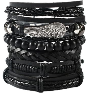GAUEIOUR Punk Braided Leather Bracelets Set, Woven Cuff Vintage Bracelets Wrap Set Series, 6Pcs Adjustable Fashion Punk Men & Women Rope Bracelet