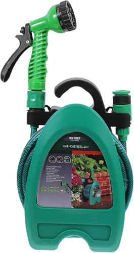 Dévidoir de Tuyau d'Arrosage avec Support Mural, 10 Mètres, Pistolet d'Arrosage Multi-Jets, Vert (ovale)