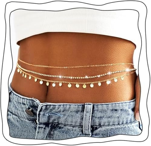 AHEJIOO Collana a tre strati in oro, catena per il corpo, catena per la pancia, set dorato da donna, catena per il corpo con catena in vita, oro Belly Waist Chain