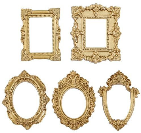 NICENEEDED 5 PCS Mini Vintage Resin Picture Frame, Bronze Small Picture Frames, Oval Rectangle Wall Hanging Antique Photo for Jewelry Display Holiday Party Hotel Decor