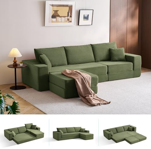 LINSY HOME Ecksofa mit Schlaffunktion - Bodensofa Bed mit Pillow Back Support Armrest - Schlafsofa Klappbar - Compressed Sofa in Box - Cord Stoff für Wohnzimmer Schlafzimmer (Grün)
