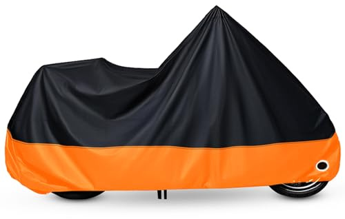 XYZCTEM Motorcycle Cover All Season Black&Orange Waterproof Sun Motorcycle Acessories, Fits up to 108‘’ Harley Davison, Honda, Suzuki, Kawasaki, Yamaha and More