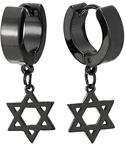 2 Negro Pendientes del Aro con Colgantes Estrella de David, Pendientes para Hombres Mujer, Acero Inoxidable