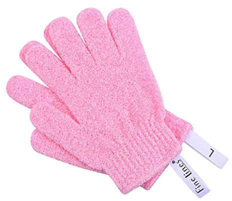 Fine Lines - Exfoliating Shower Gloves, Pink | Exfoliating Glove for Bath scrub, Dead Skin Remover | Exfoliating mitt | Body Scrub Gloves with Hanging Hoops | Protected Design