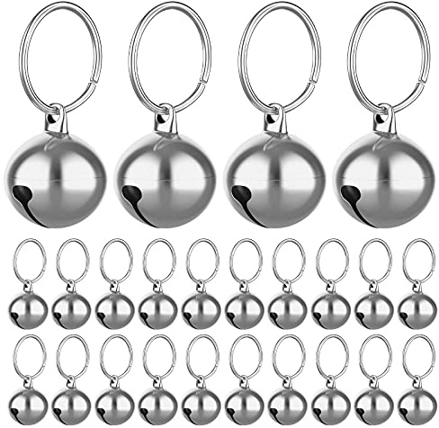 Molain Cloches de chat 24 pièces avec porte clés, Cloches de collier de chien formation Jingle Bell collier pendentif accessoires pour animaux de compagnie festival fête (Argent)