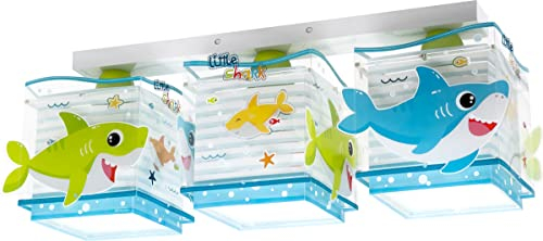 Dalber Deckenleuchte für Kinder 3 Lichter Little Shark Haie Tiere, Deckenlampe Kinderzimmer, Blau