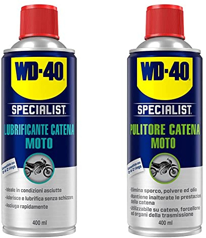WD-40 Specialist Lubrificante Catena Moto Spray, 400 ml, ideale in condizioni asciutte, compatibile con O-X-Z rings & Specialist Moto Pulitore Catena Moto Spray, 400 ml