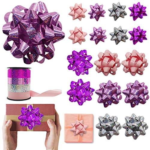 GKONGU Geschenkschleife 17 Stück,Selbstklebende Schleifen für Geschenke,Extra 4 Farbbänder, perfekt für Weihnachten, Hochzeit, Geburtstag, Geschenkverpackung