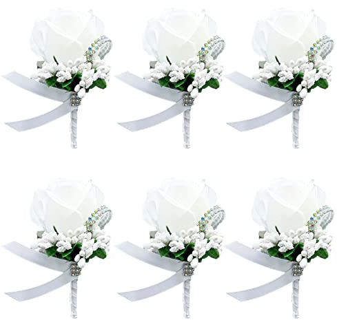 6 Stück Hochzeit Braut Blumen Anstecker, Rose Blumen Anstecker, Hochzeitsanstecker der Männer, Hochzeitsbrosche, Hochzeit Rose Blumens Anstecker, für Party Prom Männer Anzug Dekoration, Weiß