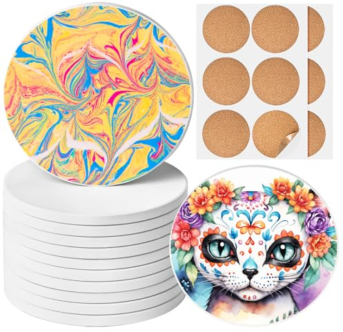 Ceramic Tiles for Crafts, GOH DODD 12 Pack Unglazed Blank Coasters White Tiles with 12 Cork Backings for Alcohol Ink, Painting, Acrylic Pouring, Art Projects, Housewarming Gifts Wedding, Round, 4 Inch