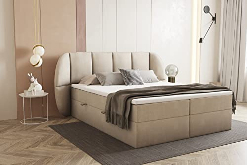 TRADA Bilbao Boxspringbett mit Bettkästen H3 Pocket Matratze Kopfteil mit Dekorative Ohren (Beige, 180 x 200 cm)