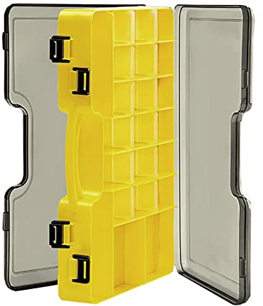 Boîte de rangement plastique pour leurre de pêche, double face boîte de pêche, boite à appat peche, boîte à mouches pour leurres de pêche à la mouche, appât, truite, mouches, 29x19x5,8 cm(Jaune)