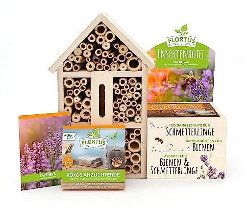 FLORTUS Insektenhotel Lavendel für Bienen & Schmetterlinge | Naturbelasses Insektenhotel groß für Garten & Balkon | Schmetterlingshaus mit Lavendel Pflanze