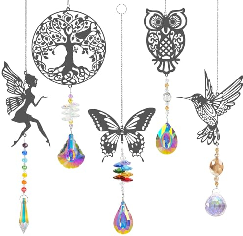 OFFCUP Attrape Soleil Cristal Suspendu, 5pcs Attrape-Soleil Cristal, Perle de Verre Arc-en-Ciel en Cristals Suspendu Suncatcher de fée de Papillon de Hibou d'arbre de Colibri
