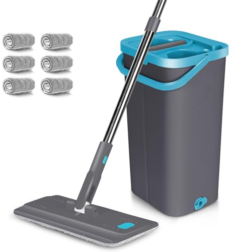 MASTERTOP Balai Serpillière et Seau Essoreur, Balai Microfibre Rotatif 360° et Seau à 2 Compartiments, Vadrouille de Mains Libre pour Nettoyage de Sol, avec 6 Serpillères Réutilisables (Gris foncé)