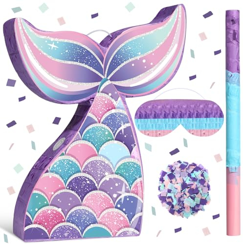 Faccito Mermaid Tail Piñata Ocean Supplies Pull String Seashell Fish Piñata with Blindfold and Bat for Girls Under The Sea Theme Birthday Party Carnival Activity Decorations(Mermaid)