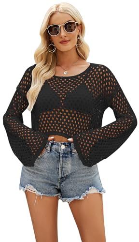 Saklifuo Top da donna a rete traforato all'uncinetto a maniche lunghe ritagliato camicetta trasparente copricostume da spiaggia, Nero , M