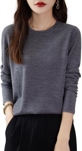 Chanyarn 100 % merino ullskjorta damer rund hals långärmad för resor vandring t-shirt underkläder topp, GRÅ, L