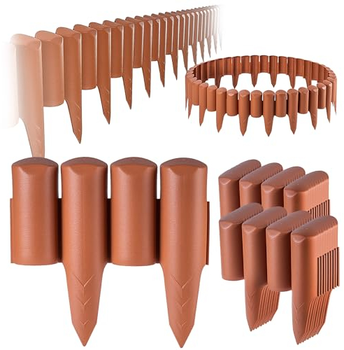 KADAX Palizzata da giardino in plastica, palizzata per fiori, bordo decorativo per prato, bordatura per aiuole con spiedino, bordo in legno (terracotta, 5 m)