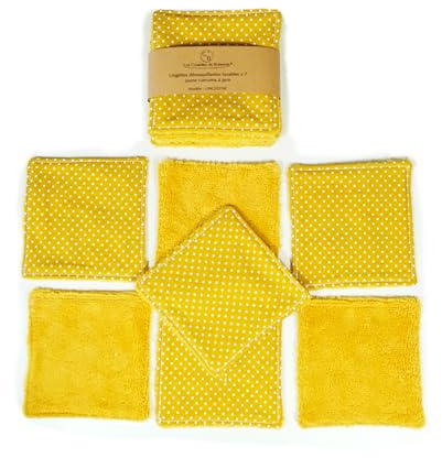 Salviette struccanti lavabili in bambù, dischetti riutilizzabili, pads, fatti a mano, set da 7 (Giallo Curcuma Fantasia)