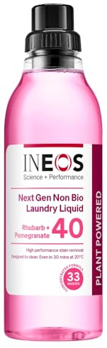 INEOS Next-Gen Non Bio Laundry Washing Liquid Detergent, 33 Washes (1L), High Performance Stain Remover For Clothes, Plant Powered, For Sensitive Skin, Rhubarb + Pomegranate, Packaging May Vary