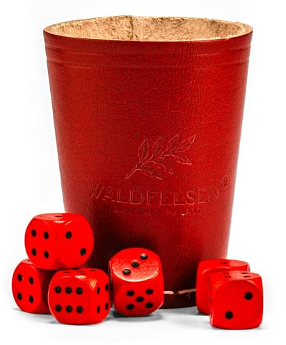 WALDFELSEN® Genuine Leather Dice Cup (9 cm) with 6 Wooden Dice (16 mm) Beech Wood Leather Cup Dice Set (Color: Red)