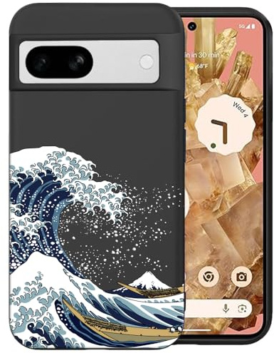 Unov Case Designed for Pixel 7, Black Phone Case with [Anti-Slip Embossed Pattern], Shockproof Slim Protective [Anti-Scratch TPU] Back Cover, Great Wave