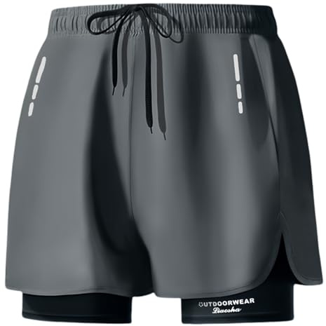Smatstyle Maillot de Bain Homme Short de Bain Sport Séchage Rapide 2 en 1 Compression Short de Surf Short de Plage (FR/ES, Alpha/Lettres, Moyen, Taille Normale, Taille Normale, Standard, Gris)