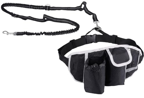 BAODBF Guinzaglio da jogging per cani di colore nero, con marsupio, elastico, antiurto, riflettente, cintura addominale, per cani di taglia media fino a 50 kg