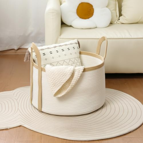 danpinera Aufbewahrungskorb 64L,Korb Geflochten mit Griffen, Großer Wäschekorb Kinderzimmer, Flechtkorb für Decken&Spielzeug, Vielseitiger Aufbewahrungskorb Groß für Wohnzimmer&Schlafzimmer Weiß Khaki